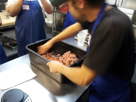 Kent is testing the mix to see if it's ready to stuff. 