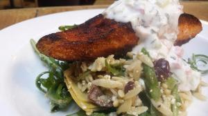 Mediterranean spiced pan seared salmon, orzo arugula salad, tatziki